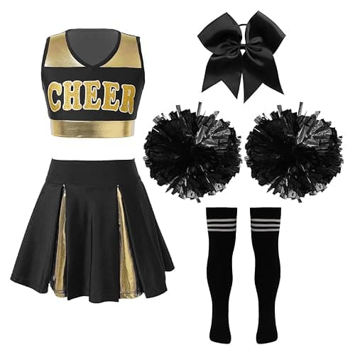 FEESHOW Girls Shiny Cheer Leader Costume Uniform Cheerleading Dance Dress Halloween Party Complete Outfits with Pompoms - Image 1