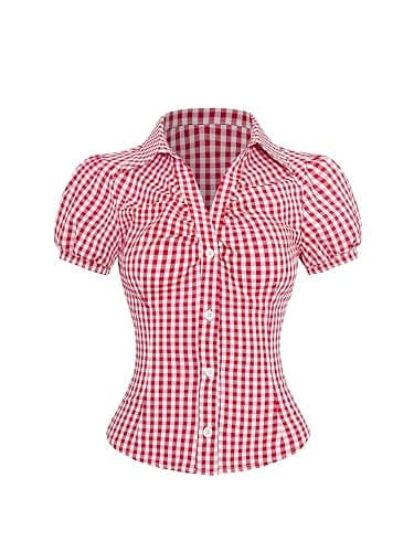 SweatyRocks Women's Y2K Short Puff Sleeve Button Down Fitted Gingham Plaid Crop Top Blouse - Image 1