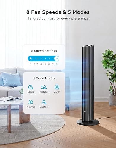 GoveeLife 36 in. Black Tower Fan for Bedroom, 5 Modes 8 Speeds up to 25ft/s | Smart Floor Fan with App/Voice Control, Temp Sensor, 29dB Bladeless Oscillating Fan for Office, 24H Timer, Auto Cooling thumbnail 5