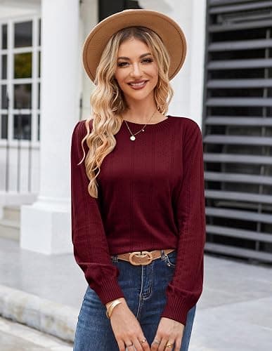 GRACE KARIN Women's Long Lantern Sleeve Crew Neck Crochet Top Hollow Out Fall Pullover Sweater thumbnail 4