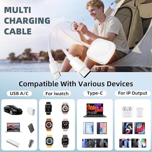Travel Charger for Apple Watch, 3 in 2 Multi Charging Cable/Cord with Lightning/USB C/iWatch Charger, Travel Chargers for Multiple Devices, Compatible with iWatch Series/iPhone 17-8/iPad/AirPods 4FT thumbnail 3