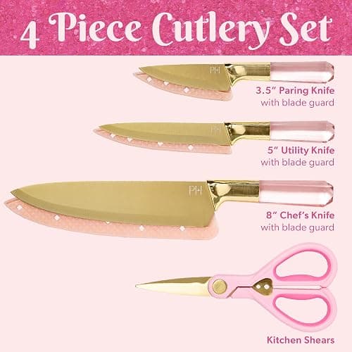 Paris Hilton Stainless Steel Knife Set with Jewel Shaped Handles and Gold Blades, Iconic Cutlery Set, 4-Piece, Pink thumbnail 6