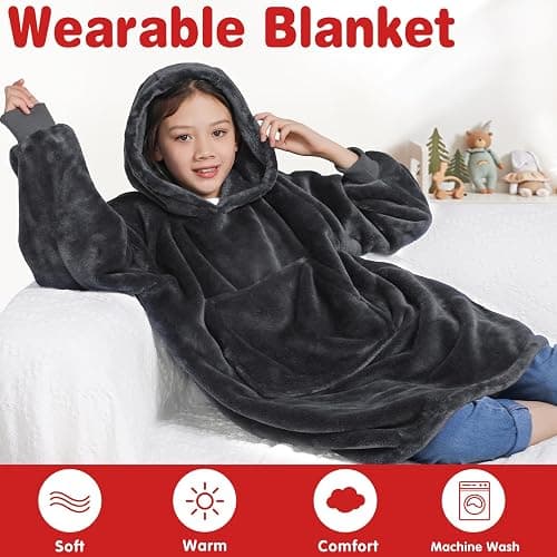 Waitu Wearable Blanket for Kids, Cozy Wearable Blanket Hoodie for Teens Girls Boys, Warm Blanket Sweatshirt Gift for Teenage, Hoodie Blanket with Sleeves and Giant Pocket - Dark Gray thumbnail 6