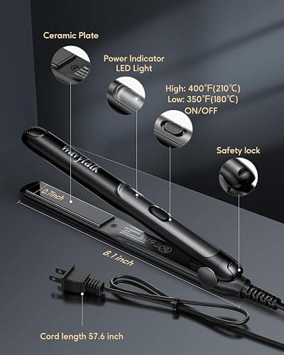 Wavytalk Pro Mini Temperature Adjustable Hair Straightener - 0.7 Inch Small Flat Iron for Short Hair, Curls, Bangs, Travel Use, Dual Voltage, Extended Size, Black thumbnail 2