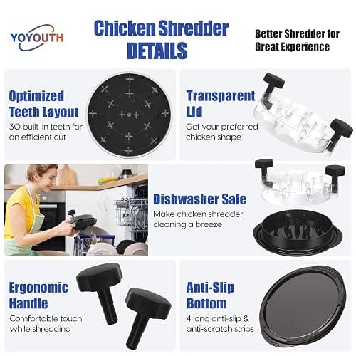 Chicken Shredder Tool Twist: 2025 Pro Food-Grade Visible Meat Shredder with Strong Anti-Slip Base, Ergonomic Handle, Chicken Breast Shredder, Suitable for Pork Beef Chicken - Black thumbnail 3