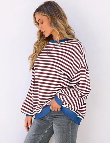 UEU Women Oversized Striped Crewneck Sweatshirt Long Sleeve Color Block Pullover Tops Casual Loose Workout Shirt thumbnail 3