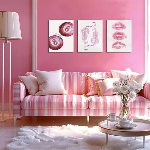 Framed Pink Preppy Canvas Wall Art Set of 3, Trendy Cheetah Pictures Wall Decor, Funky Lucky 8 Ball Coquette Lip Paintings Prints Y2K Girly Aesthetic Home Decor for Living Room Bedroom Dorm 12x16 inch thumbnail 2