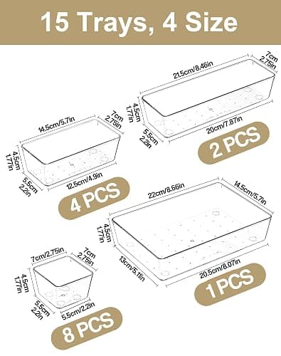 VEXTHYX 15Pcs Clear Plastic Drawer Organizers Set, 4size makeup drawer organizer trays for vanity/desk/bathroom/office/nightstand/gadgets for kitchen/desk drawer, Versatile drawer divider storage bins thumbnail 3