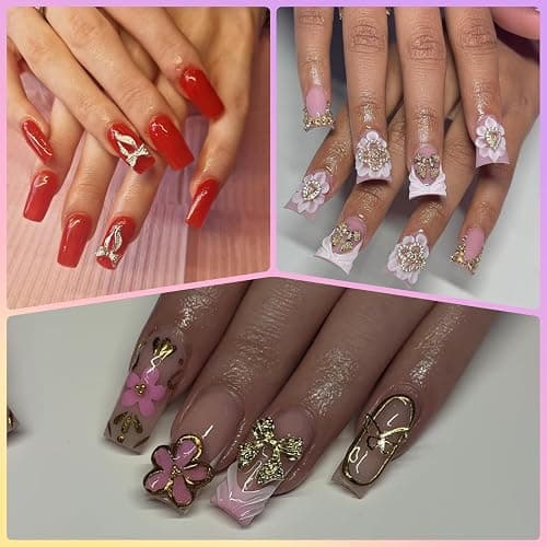 OPMADM 100Pcs Gold Nail Charms and Gems Charms for Nails Design Gold Charms for Nails Metal Bow Cherry Butterfly Cross Heart Star and Flowers thumbnail 7