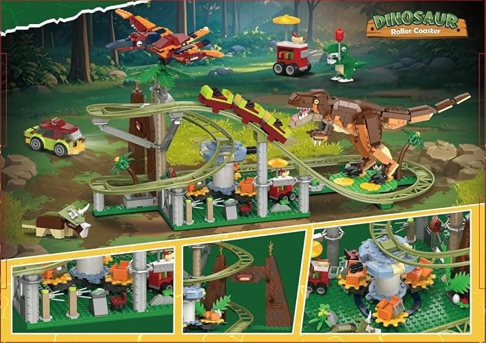 HOGOKIDS Dinosaur Roller Coaster Building Set - 1222PCS Rollercoaster Building Toy with 4 Dinosaur, Off-Road Vehicle, Food Cart, Dinosaur Models Playset Gift for Adults Kids Girls Boys Ages 8-12 Year thumbnail 13