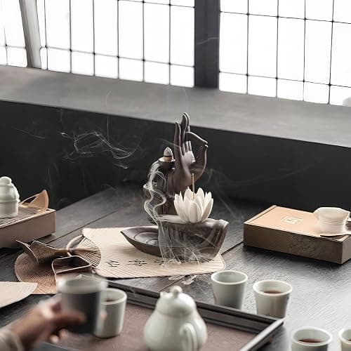 XINGZUAN Lotus Hand Backflow Incense Burner– Ceramic Cones Incense Holder Waterfall Incense Burner & Incense Waterfall Fountain for Zen Decor Backflow Incense Cone Burner thumbnail 5