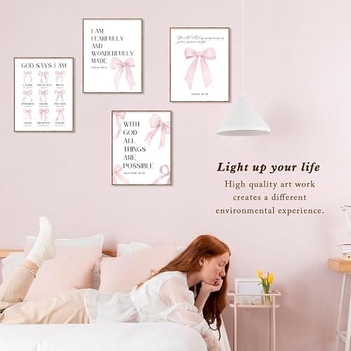 BONETAT Pink Bow Room decor Bible Verses Wall art Posters, Coquette Room Decor and Pink Room Decor For Teen Girls, 8x10 inch girl bathroom decor aesthetic poster with gift box packaging Set of 4 pcs- A02 thumbnail 5