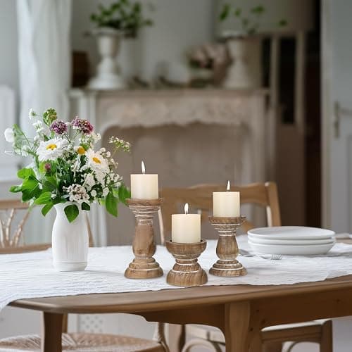 Candle Holder for Pillar Candle Set of 3, Farmhouse Wood Candle Holder, Rustic Wooden Candle Stand, Vintage Small Wooden Candlestick HoldersDecorative for Living Room, Table Centerpiece (Brown) thumbnail 7