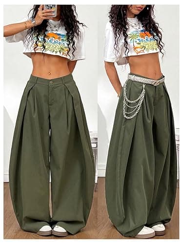 GORGLITTER Women's Baggy Barrel Pant Low Rise Pleated Cargo Oversized Wide Leg Business Dress Casual Trousers thumbnail 5