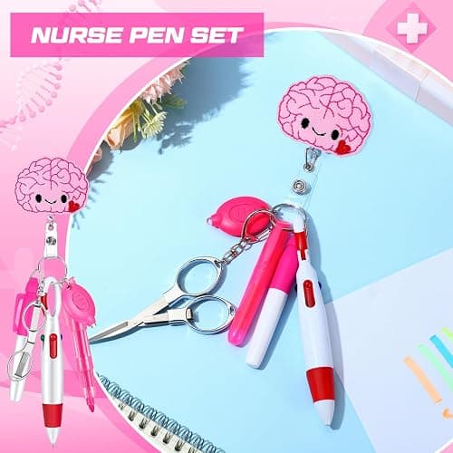 Sieral 6 Pcs Nurse Badge Accessories Include Permanent Marker Pen Highlighter Extendable Ballpoint Pen Foldable Scissors LED Flashlight Keychain Retractable Nurse Badge Clip (Pink,Cute) thumbnail 5