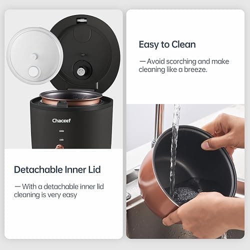 CHACEEF Mini Rice Cooker 2 Cups Uncooked, 1.2L Rice Cooker Small with Non-stick Pot, Portable Travel Rice Maker with One Touch & Keep Warm Function,White Rice, Brown Rice, Oatmeal, Black thumbnail 6