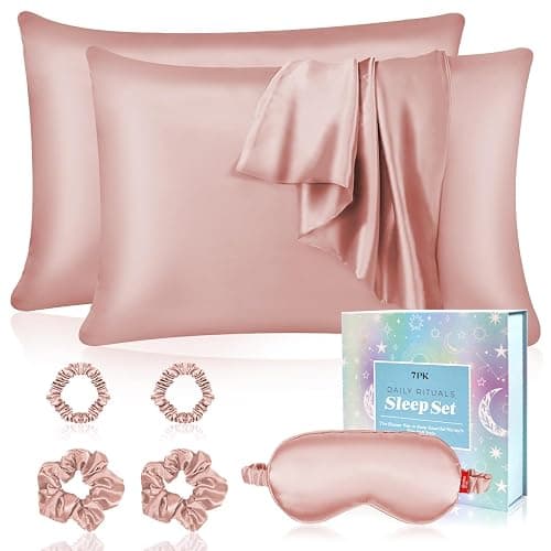 my novel things Satin Pillowcase Gift Set with Silk Satin Sleep Mask 4 Scrunchies, 2Pack Standard Size Silky Pillow Cases Luxury Sleeping 7 Pieces Set for Women Wife Female Men Birthday Gift - Image 1