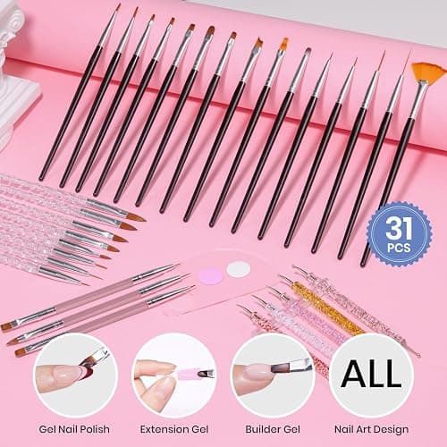 Beetles 31pcs Nail Art Brushes, Dotting Tools, Nail Art Pens, Dust Brush, Striping Liner Fingernail Drawing Pens with Palette Holder All in One for Starter Manicure Design Set thumbnail 7