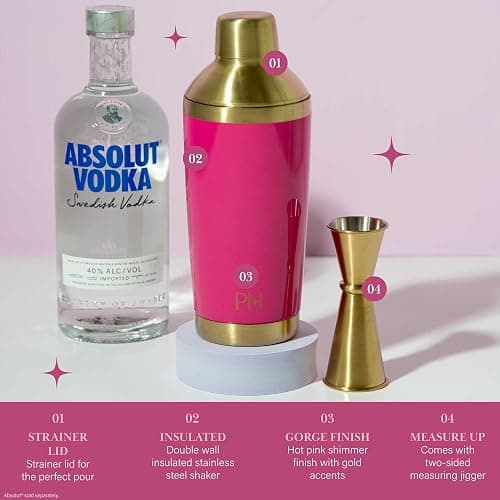Paris Hilton 2-Piece Cocktail Shaker Set, Double Wall Insulated Stainless Steel Mixer with Built-In Strainer and Double-Sided Jigger, 20-Ounce, Gold and Hot Pink thumbnail 3