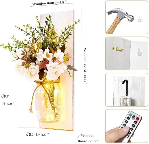 Rustic Wall Sconces Mason Jar Sconces Handmade Wall Art Hanging Design with Remote Control LED Fairy Lights and White Peony, Christmas Decor Gifts Farmhouse Home Decor Living Room Lights Set of Two thumbnail 3