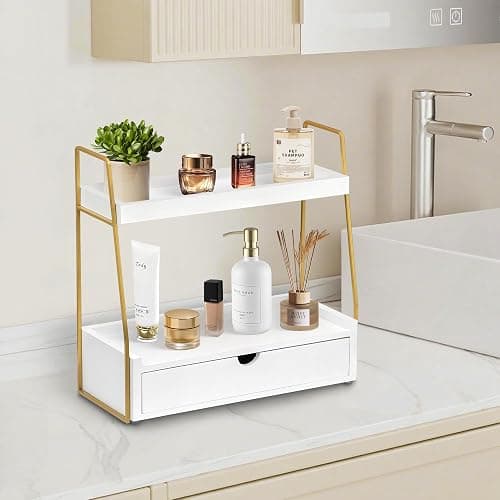 2-Tier Bathroom Organizer Countertop with Drawer, Wood Counter Organizer for Bathroom Decor, Sink Shelf for Vanity Storage, Makeup Tray for Perfume Skincare, Spice Rack Bedroom Kitchen Corner thumbnail 4