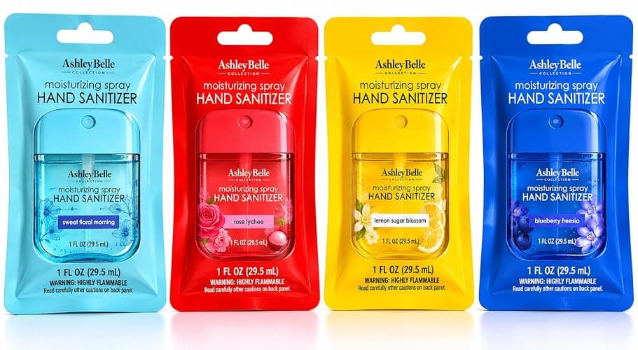 AshleyBelle Moisturizing Spray Hand Sanitizer Variety Pack – Sweet Floral Morning, Rose Lychee, Lemon Sugar Blossom & Blueberry Freesia – Travel Size Pocket Hand Sanitizer Spray, 1 FL OZ Each, 4 Pack - Image 1