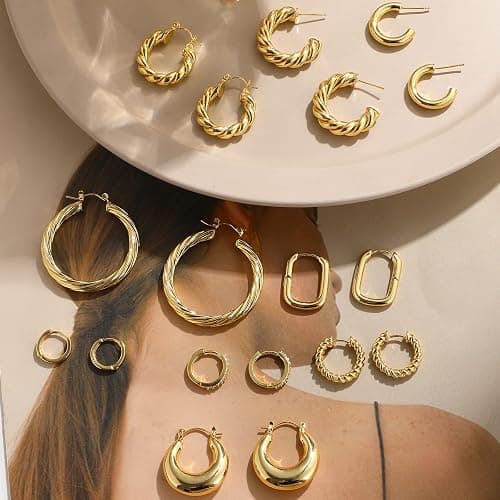 9 Pairs Gold Hoop Earrings for Women, 14K Gold Plated Lightweight Chunky Twisted Hoop Earrings Set for Gift thumbnail 6