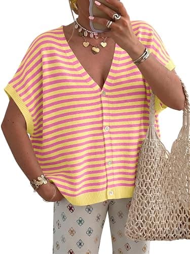Saodimallsu Womens Fall Short Sleeve Cardigans Sweater Oversized Tops | Summer Top,Spring Cardigan,Lightweight Shirt,Batwing Sleeve,Button Down,V Neck,Casual Office Wear,Butter Yellow,Cute Tops - Image 1