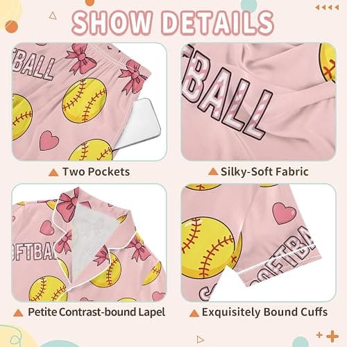 JULYTO Satin Pajama Sets Short Sleeve Volleyball Balls with Blue Bows Button Down Silky Nightwear 2 Piece PJS 5-14Y thumbnail 6