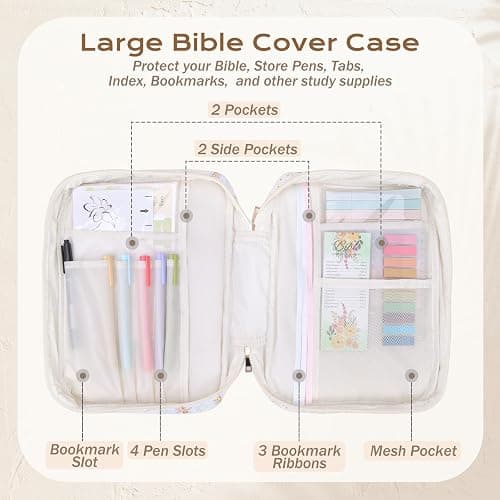 XKDOUS Bible Cover Case for Women Bible Bag w/Handle, Tabs, Study Supplies Journaling Kit Book Carrying Case Christian Gifts for Mom Lady Friends (Floral Patchwork) thumbnail 5