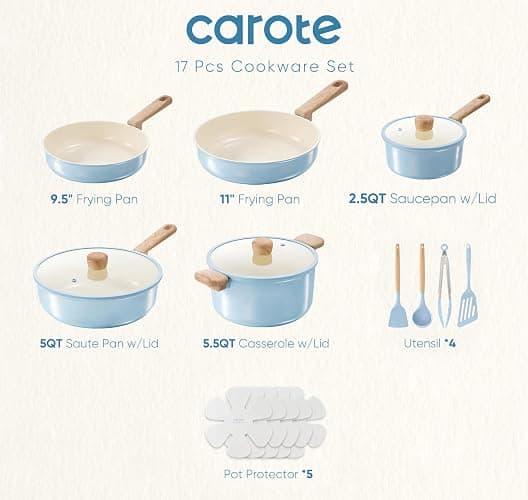 CAROTE 16pcs Ceramic Cookware Set, Pots and Pans Non Stick Kitchen Cookware Sets, Pots and Pans Set Cooking Set with Knife Set thumbnail 2