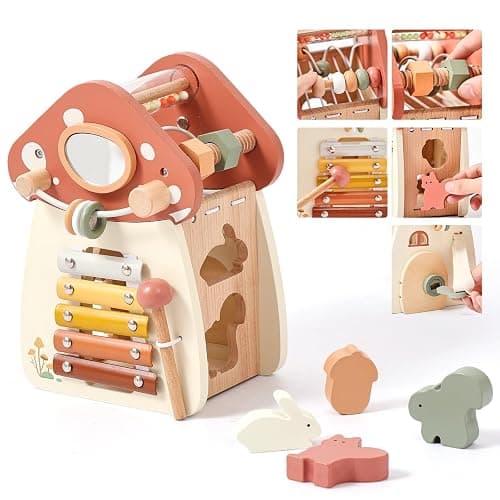 Youuys Wooden Activity Cube - 11-in-1 Montessori Toys for 1+ Year Old Boys & Girls, Multipurpose Educational Sensory Toys for Toddler, First Birthday Gift, Busy Board Toys for 18 Months (Mushroom) - Image 1