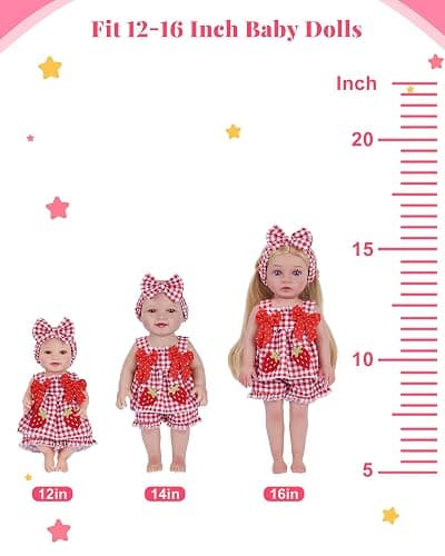 BABESIDE 12-16 Inch Baby Doll Clothes, 4-Piece Doll Outfit Set | 4 Pcs Doll Outfit Set with Strawberry Top, Shorts, Bib & Headband, Cute Baby Doll Accessories, Dress-Up Gift for Kids 3+ thumbnail 7