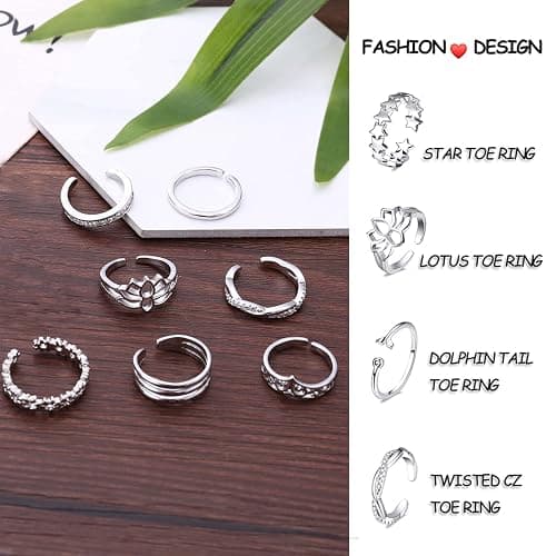 Honsny 12PCS 14K Gold/Silver Plated Toe Rings for Women Adjustable Band Rings Open Flower CZ Toe Ring Set Beach Foot Jewelry thumbnail 7