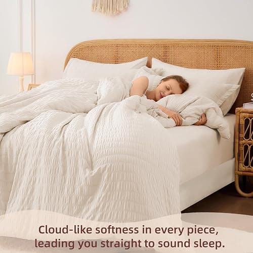 FUANNA Twin Comforter Set 5 Pieces, Luxury Seersucker Twin Bed Set for All Seasons, Soft Twin Bed in a Bag with Comforter, Flat Sheet, Fitted Sheet, Pillowcase & Sham for Bedroom, Beige thumbnail 2