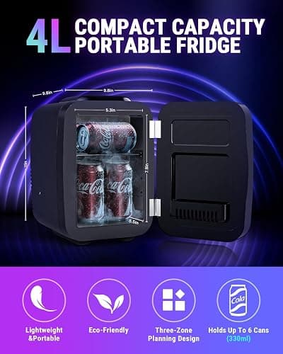 FANSEXPERT Mini Fridge, 4 Liter/6 Cans Small Refrigerator With Dimmable LED Light,AC/DC Portable Mini Cooler and Warmer, Gaming Small Fridge for Bedroom,Office,Gaming Room and Car (Black) thumbnail 2