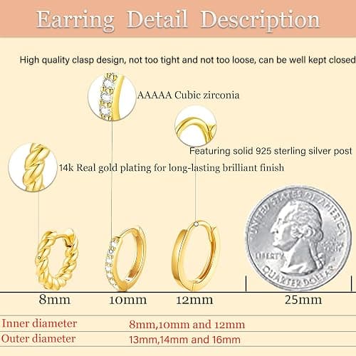Cocadant 6 Pairs 925 Sterling Silver Small Hoop Earrings for Women,14k Real Gold Hypoallergenic Tiny Cubic Zirconia Cartilage Huggie Earring Sets for Multiple Piercing Trendy Jewelry 8/10/12mm thumbnail 6