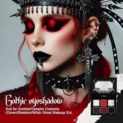 DE'LANCI Schwarzer Roter Lidschatten Palette,Rot White Dark Grey Goth Smoky Eyeshadow Palette,6 Farben Matte Shimmer Burgundy Metallic Halloween Makeup Palette für Zombie Vampir Clown - Schwarzer Roter thumbnail 2