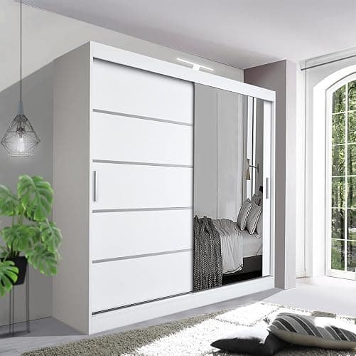 German Sliding Wardrobe Contemporary Bedroom Sliding Wardrobe with LED Light - Spacious and Stylish Design comes in White/Grey/Black/Oak and Width 120cm/150cm/180cm/203cm/250cm (White, 120cm) - Image 1