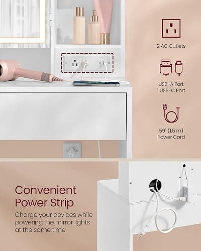 VASAGLE Kailyn Collection - Vanity Desk with Power Outlets, Makeup Vanity with Mirror and Lights, LED Lights, 6 Compartments, 2 Drawers, for Bedroom, Cloud White URDT031WB02S thumbnail 4