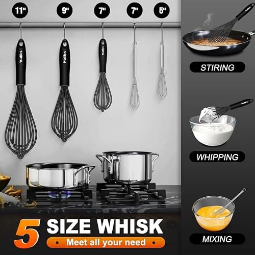 Silicone Whisks set with 7+5in mini stainless steel whisk, Non Scratch Coated 7+9+11in Whisks for Nonstick Cookware,Premium for Blending, Whisking, Beating, Frothing & Stirring thumbnail 4