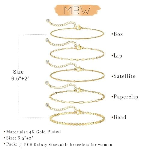MBW Gold Bracelets for Women Trendy, Dainty 14K Gold Plated Bracelet Stack Beaded Chain Bracelet Set Thin Small Cute Paperclip Bracelets Fashion Waterproof Jewelry Gift Gold Accessories for Women thumbnail 6