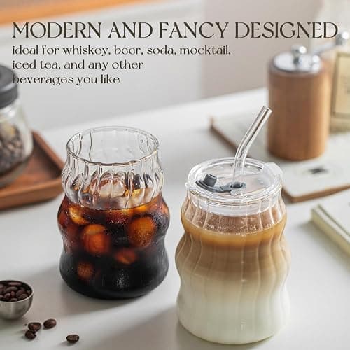 Ribbed Glass Cups with Lids and Straws – Unique Glasses for Iced Coffee, 18oz Vintage Design, Ideal Wavy Coffee Cups with Straws, Bubble Glass Aesthetic, Clear Ribbed Glasses thumbnail 5
