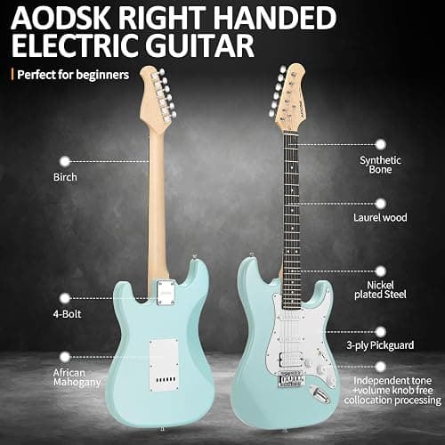 AODSK Electric Guitar with Amp Beginner Kit 39 Inch Solid Body Full Size,All Accessories,Digital Tuner,Six Strings,Four Picks,Tremolo Bar,Strap,Gig Bag,Starter kit (Blue-HSS) thumbnail 3
