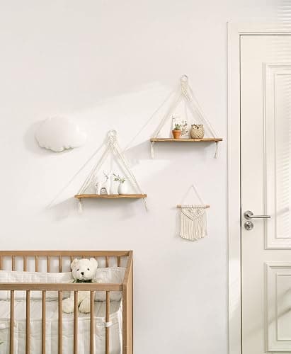 Mkono Macrame Hanging Shelves Boho Wall Decor Set of 2 Rustic Wood Floating Storage Shelf for Bedroom Bathroom Living Room Nursery Dorm Room, Display Shelving for Hanging Plants Photos thumbnail 5