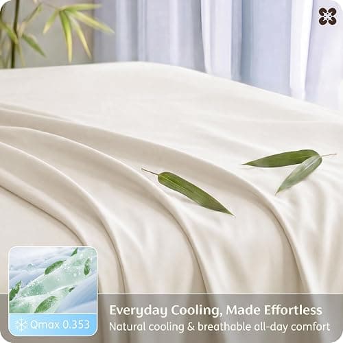 Bedsure PureWoven 100% Rayon Derived from Bamboo, Queen Sheets, 4 Pieces | Cooling Sheets for Hot Sleepers, Breathable & Silky Soft, 16" Deep Pocket, Hotel Luxury Bedding, Ivory thumbnail 4