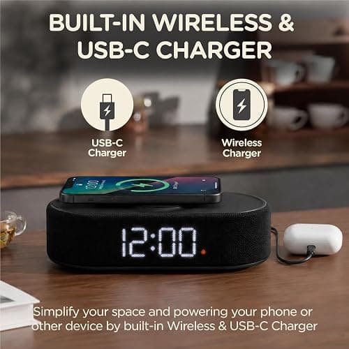 Lumoday Fabric Digital Alarm Clock for Bedroom, Wireless Charging, Beige | Wireless charging, USB-C port, dual alarm, 30-min snooze, dimmable display, ambient light, battery backup, bedside use thumbnail 4