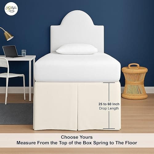 BED | Amazon | Cottington Lane Tailored Box Pleated College Dorm Sized Bed Skirt Twin XL, Hotel Quality Premium Brushed Microfiber Extra Long Bedskirt Twin XL 34 Inch Drop, Ivory - Twin XL-34" Drop - Ivory thumbnail 4