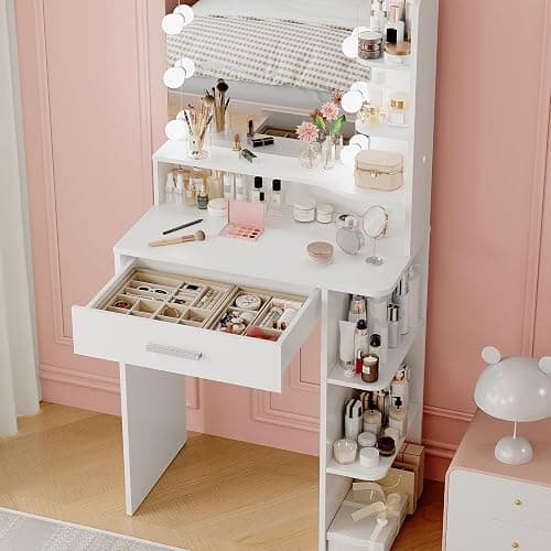 Neoriver Makeup Vanity Desk with Mirror and Lights, 26.4”Small Vanity Mirror with Lights with Large Drawer and 6 Level Storage, White Vanity with Large Led Mirror with 3 Color Lighting Modes (White) thumbnail 8