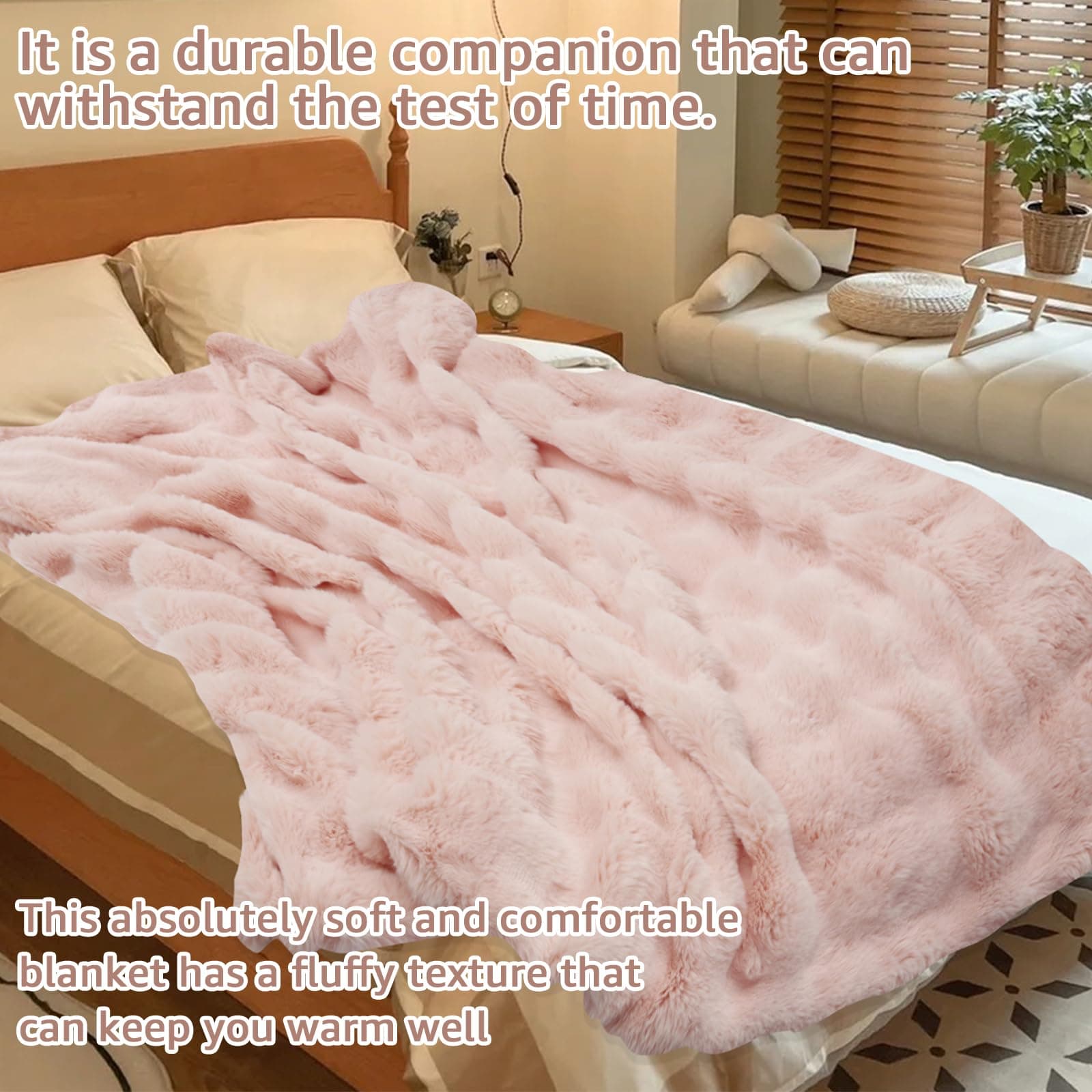 Super Comfort Oversized Warm Thick Bubble Plush Rabbit Faux Fur Throw Blanket, Luxury Plush Throw Blanket, 51×63in Soft Cozy Blanket, Warm Bed Throws for Couch Chair Bed Sofa (Cherry Blossom Pink) thumbnail 5